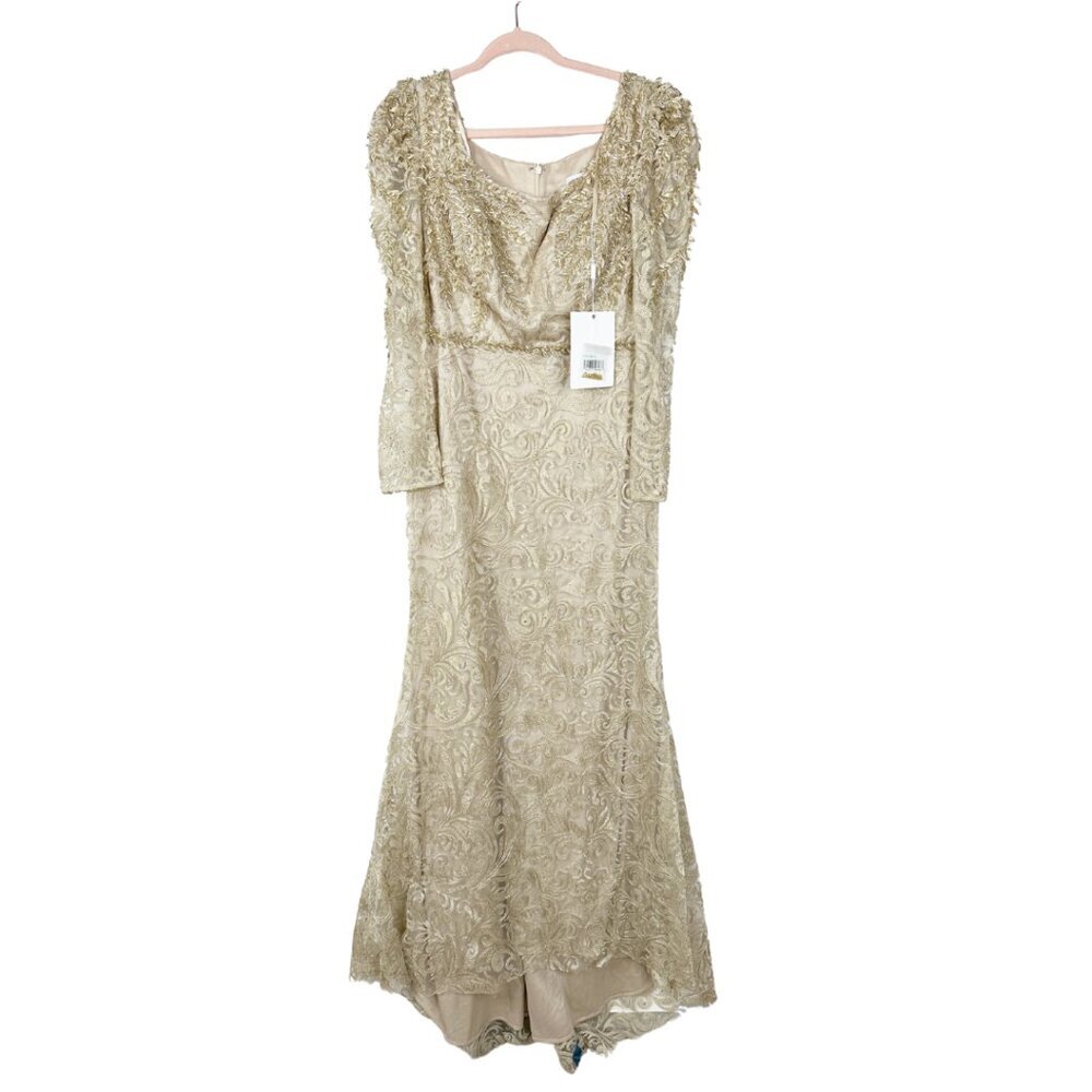 NWT Mac Duggal Gold Embroidered Lace Applique Shoulder Detail Trumpet Gown #8301 - Picture 3 of 8